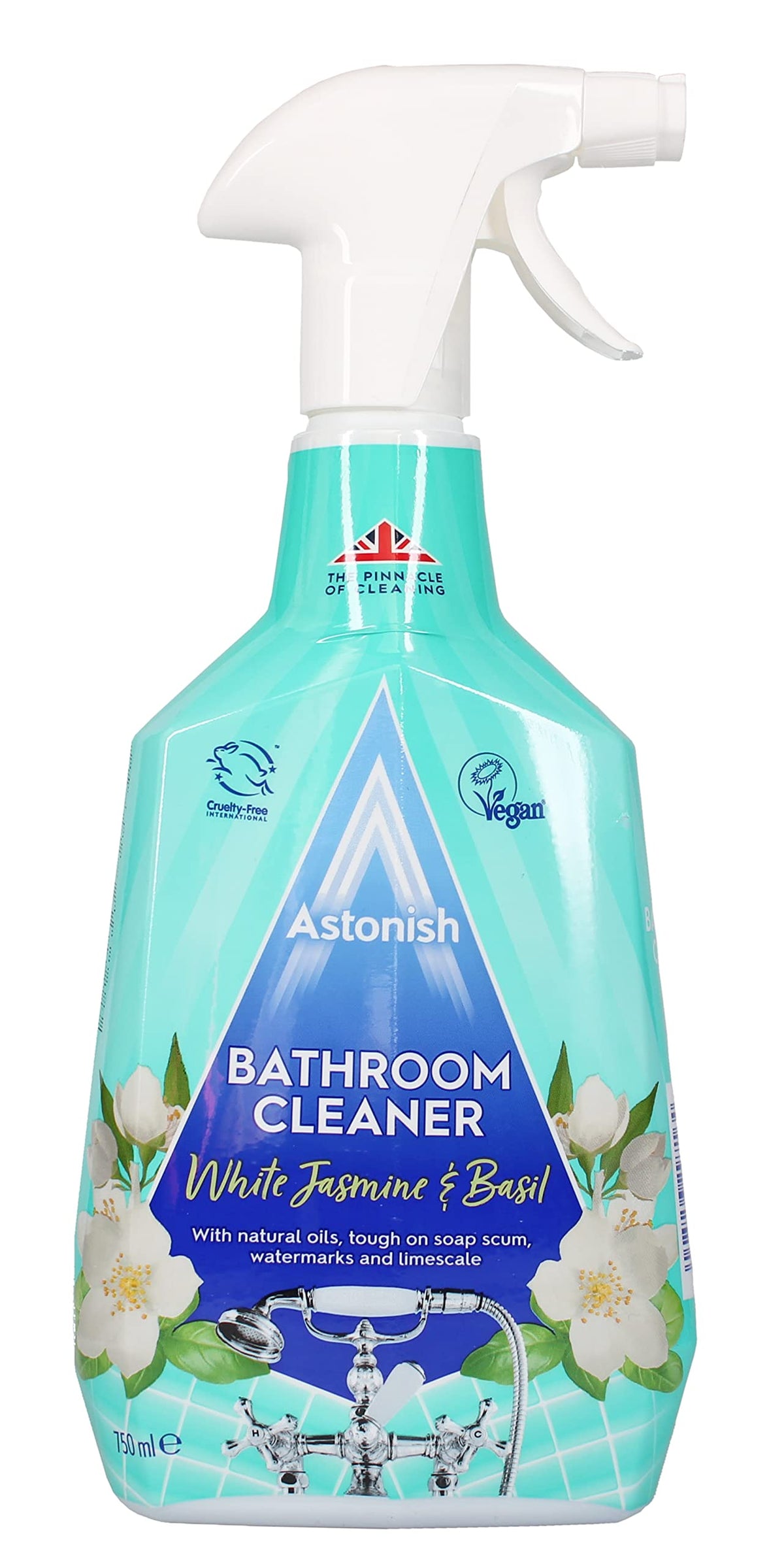 Astonish Streak Free Foaming Bathroom Cleaner Spray Bottle - Deep Cleaning White Jasmine & Basil Scented Spray For Soap Scum, Watermarks & Limescale - Cruelty Free Household Cleaning Supplies, 750 ml