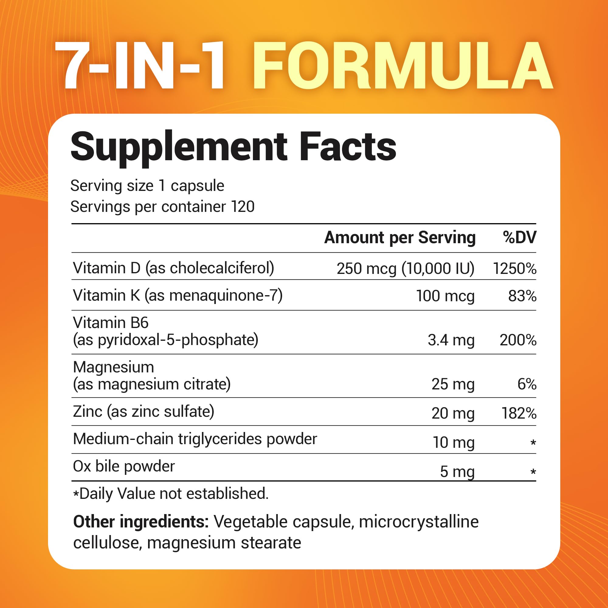 Dr Berg supplement facts label for 7 in 1 formula showing Vitamin D3 250 mcg and Vitamin K D3 K2 vitamin supplement UAE