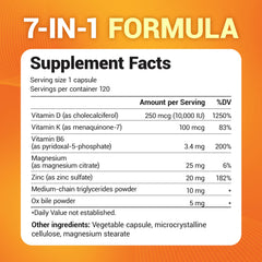 Dr Berg supplement facts label for 7 in 1 formula showing Vitamin D3 250 mcg and Vitamin K D3 K2 vitamin supplement UAE