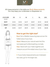 Miss Olive women’s dress size chart with bust, waist, and hip measurements