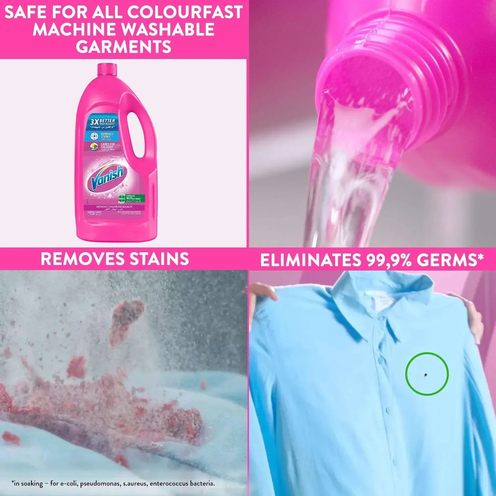 Liquid fabric stain remover bottle, pink with pouring spout, beside a blue shirt