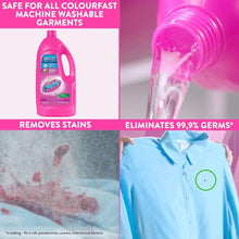Liquid fabric stain remover bottle, pink with pouring spout, beside a blue shirt
