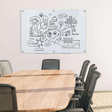 White glass dry-erase board mounted on wall with marker tray and diagram-style graphic