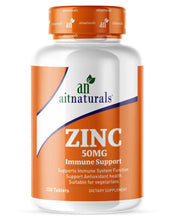 Aitnaturals Zinc 50 mg supplement bottle, orange cap, front label for 250 tablets