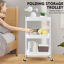 White folding 3-tier rolling storage cart with mesh shelves and caster feet