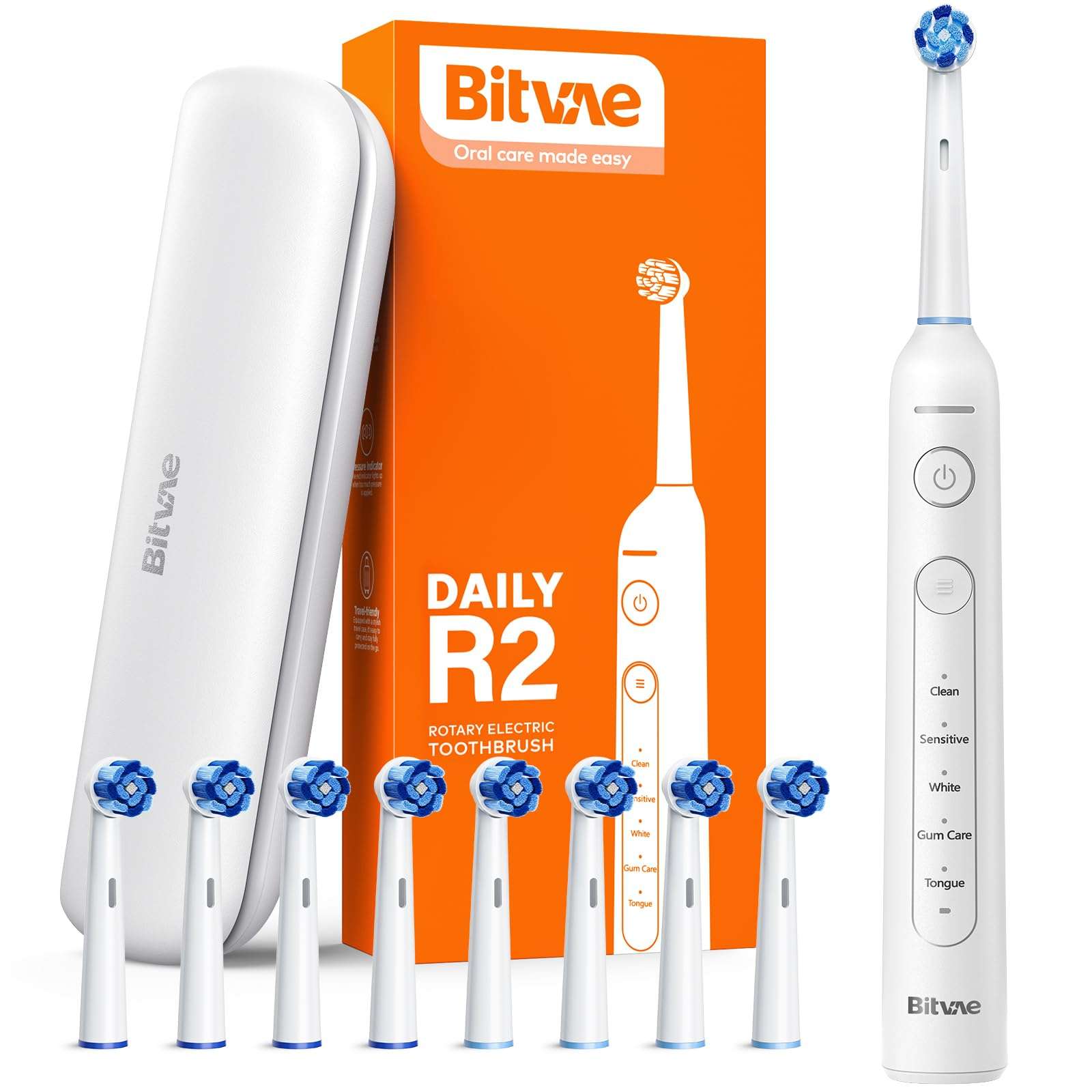 Bitvae Daily R2 white electric toothbrush for adults with travel case and 8 replacement brush heads