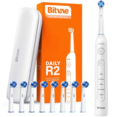 Bitvae Daily R2 white electric toothbrush for adults with travel case and 8 replacement brush heads