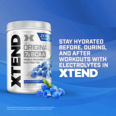 XTEND Original BCAA Powder Blue Raspberry Ice, ZERO CALORIE, ZERO CARB, ZERO SUGAR, Post Workout Muscle Recovery Drink with Amino Acids, 7g BCAAs for Men & Women, 30 Servings