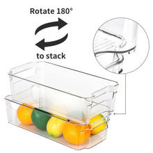 Stackable clear plastic storage bin with side handles and open top