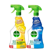 Two Dettol spray bottles with green nozzles: yellow lemon and blue bathroom cleaner.