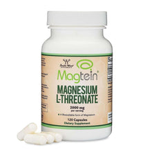 Magnesium L-threonate supplement bottle with white cap, green label band, and white capsules