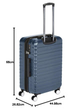 Navy polycarbonate spinner luggage with wheels, shown with size measurements