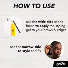 Eyebrow and edge styling gel with brush wand shown in how-to use steps, got2b.