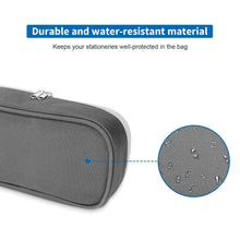 Dark gray zippered pencil case with metal zipper and textured fabric surface.