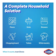 Clorox household solution infographic with use icons for floors, sinks, showers