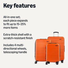 Amazon Basics - Juego de 3 maletas rígidas con ruedas (55, 68 y 78 cm) - Material: ABS, color naranja