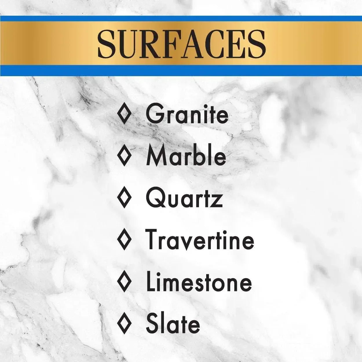 Surfaces label for stone cleaner with Granite, Marble, Quartz, Travertine, Limestone, Slate list.