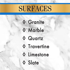 Surfaces label for stone cleaner with Granite, Marble, Quartz, Travertine, Limestone, Slate list.
