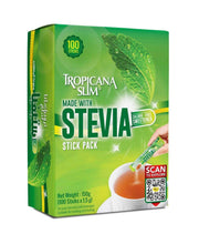 Tropicana Slim stevia stick pack box, 100 sticks