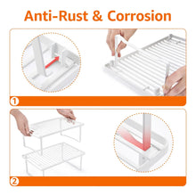 White metal shelf corner bracket detail with slatted top and four legs