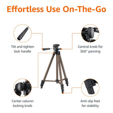 Tripod feature diagram showing tilt and lock handle, 360° panning knob, and anti-slip feet
