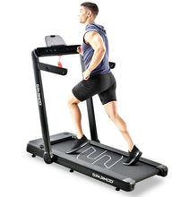 Under-desk walking treadmill with control console and folding frame, side view