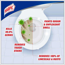 Harpic Active Fresh Pine toilet cleaner bottle showing odour and lime scale claims