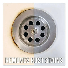 Cleaning product promo showing round drain with rust-stain removal text