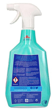 Bathroom cleaner spray bottle, teal with white trigger; blue label with warning