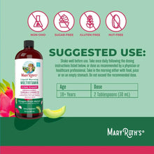 Liquid multivitamin bottle with suggested use dosing chart and diet icons