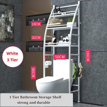 White 3-tier bathroom toilet storage shelf with side supports next to toilet
