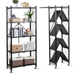 Foldable Storage Organizer 5 Tier, Storage Shelves Kitchen Cabinet Storage Rack, Shelf Storage Multipurpose Rack for Living Room Bedroom Kitchen Garage Black 71x34x175cm