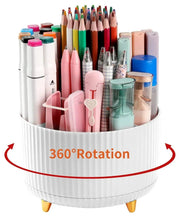 White ribbed rotating pencil holder with five pen compartments, open top and feet