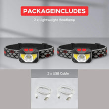 Two lightweight LED headlamps with black patterned straps and two USB charging cables