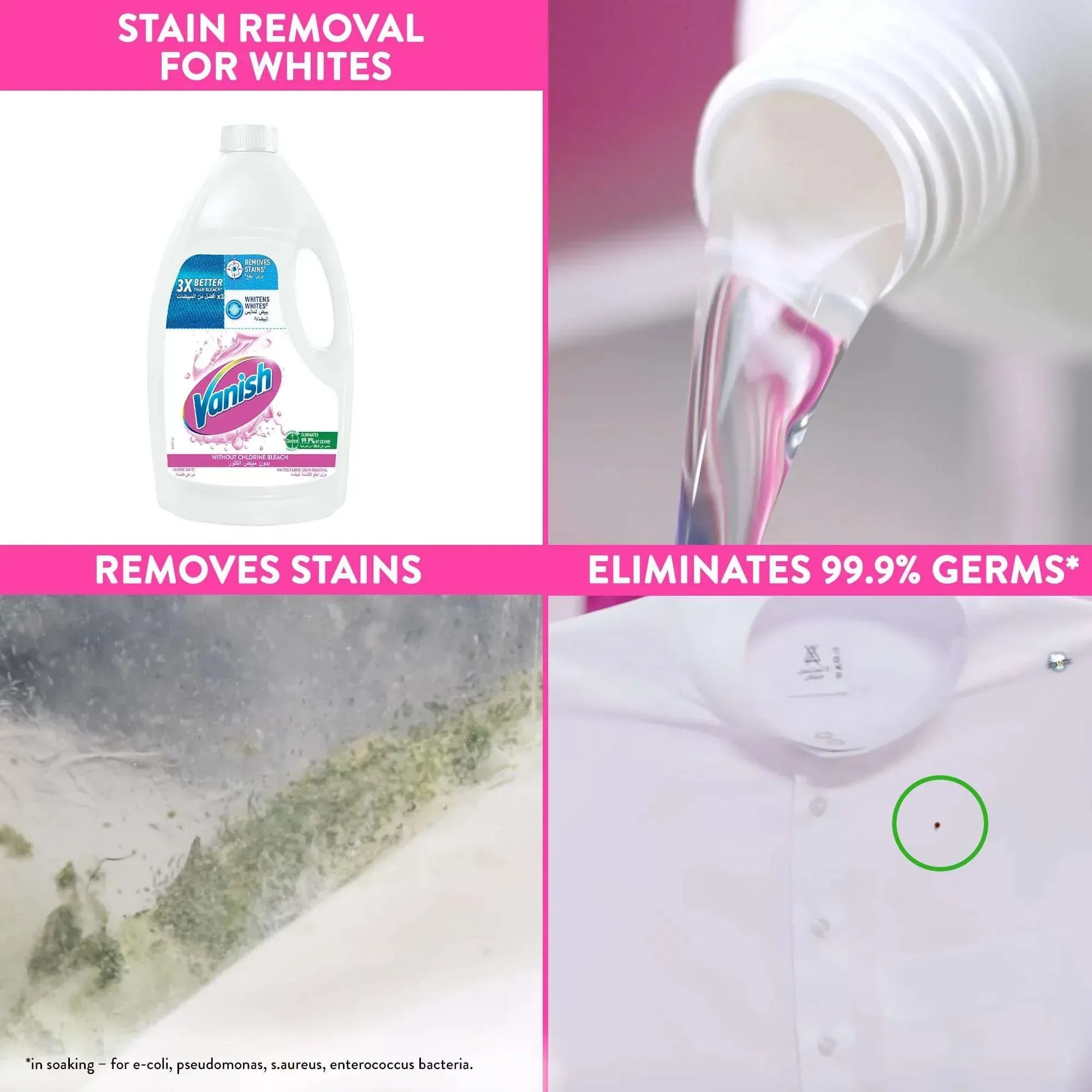 Liquid fabric stain remover bottle with white cap and pouring stream