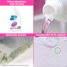 Liquid fabric stain remover bottle with white cap and pouring stream