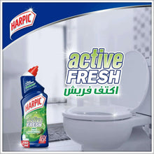 Harpic Active Fresh Pine toilet cleaner bottle with long-lasting fresh pine scent text