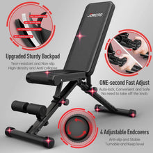 Adjustable weight bench with textured black backrest and padded foot stabilizers