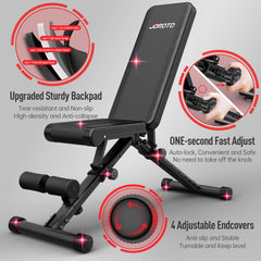 JOROTO Banco de pesas ajustable, banco de entrenamiento de fuerza para todo el cuerpo, banco de press de banca plegable inclinado/declinado, equipo de ejercicios abdominales para gimnasio en casa, 700 lb/800 lb/1000 lb