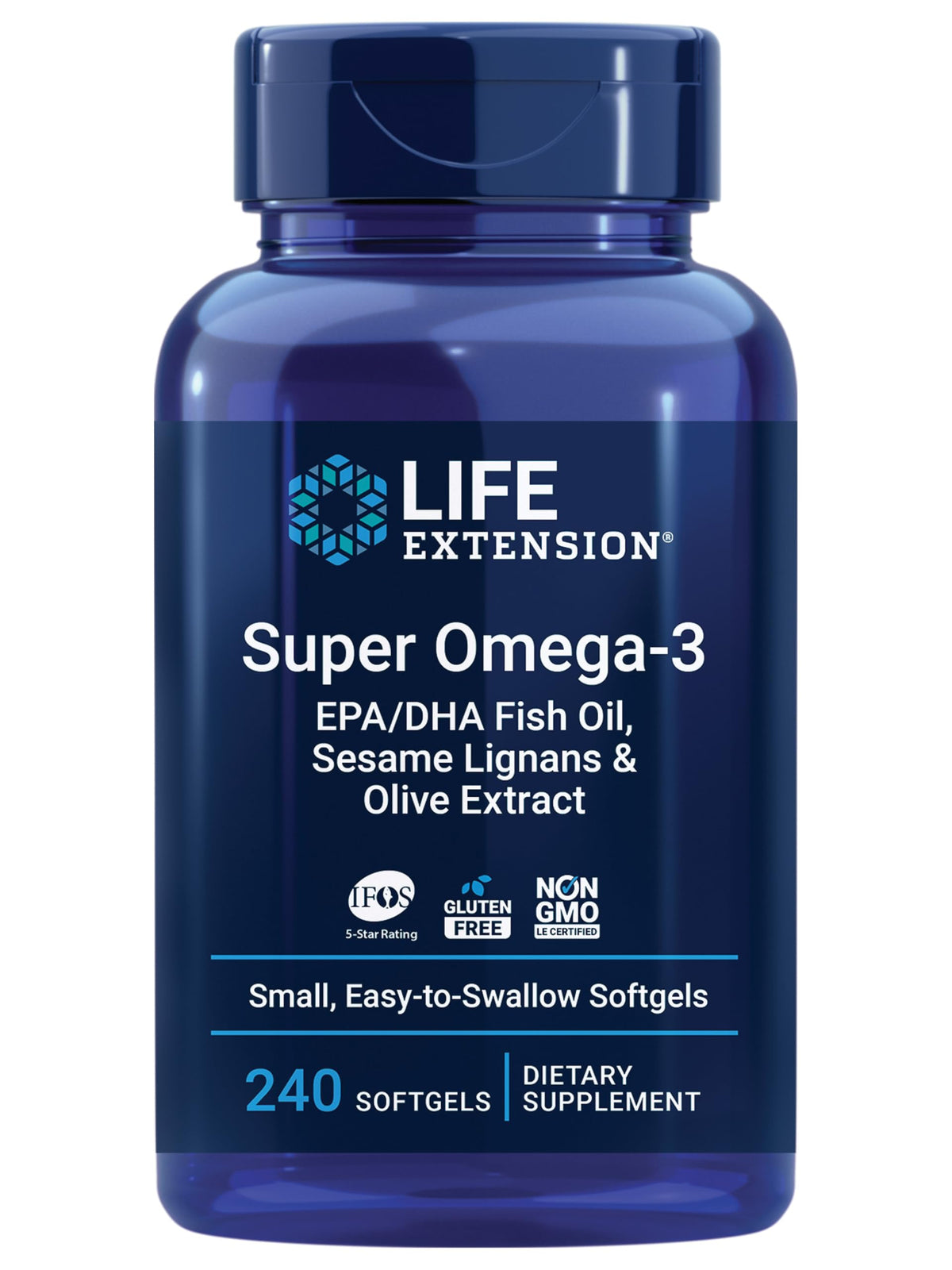 Life Extension Super Omega-3 fish oil supplement bottle 240 softgels EPA DHA sesame lignans