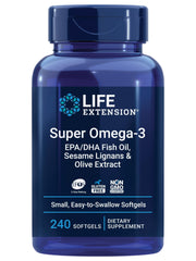 Life Extension Super Omega-3 fish oil supplement bottle 240 softgels EPA DHA sesame lignans