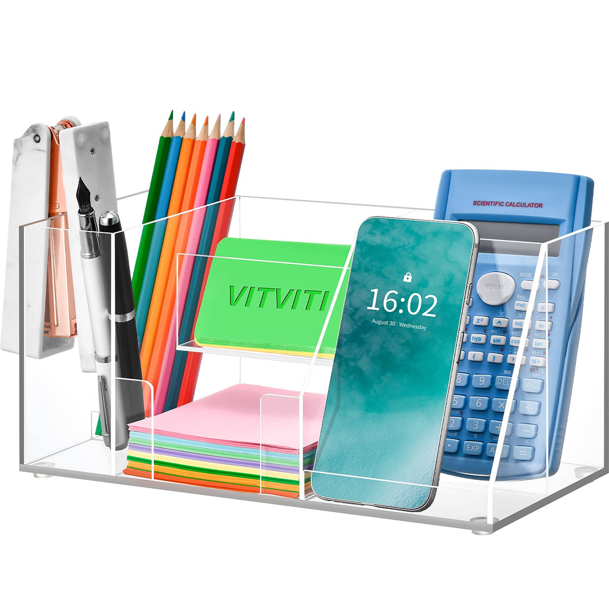 Organizador de escritorio acrílico VITVITI, portalápices transparente para escritorio, 5 compartimentos, soporte para bolígrafos, notas adhesivas y soporte para teléfono, ideal para oficina y útiles escolares.