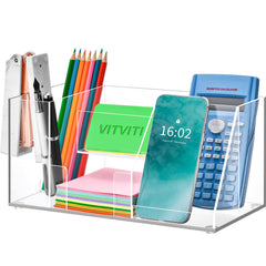 Organizador de escritorio acrílico VITVITI, portalápices transparente para escritorio, 5 compartimentos, soporte para bolígrafos, notas adhesivas y soporte para teléfono, ideal para oficina y útiles escolares.