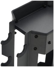 Dark grey storage rack corner with curved holder arm and visible mounting screws