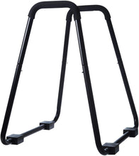 Dip fitness bar with curved top handles and gray foam foot pads, black frame