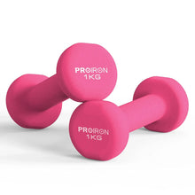 Pair of pink neoprene 1 kg dumbbells with PROIRON logo on round end caps.