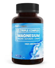 BioEmblem Triple Complex magnesium supplement bottle, 90 capsules; blue “Magnesium” label