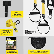 Suspension trainer kit with door anchor, suspension trainer straps, and mesh travel pouch