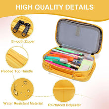Yellow pencil case open showing pens and padded top handle with front divider
