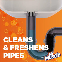 Toilet drain pipe with blue pipe and Mr. Muscle graphic